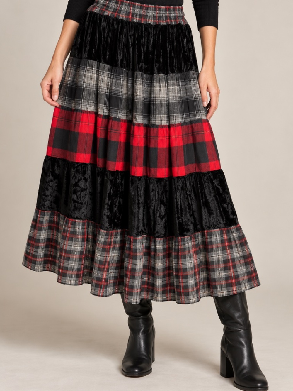 Plaid Patchwork Velvet Tiered Midi Skirt XL Boho Grunge Elastic Waist